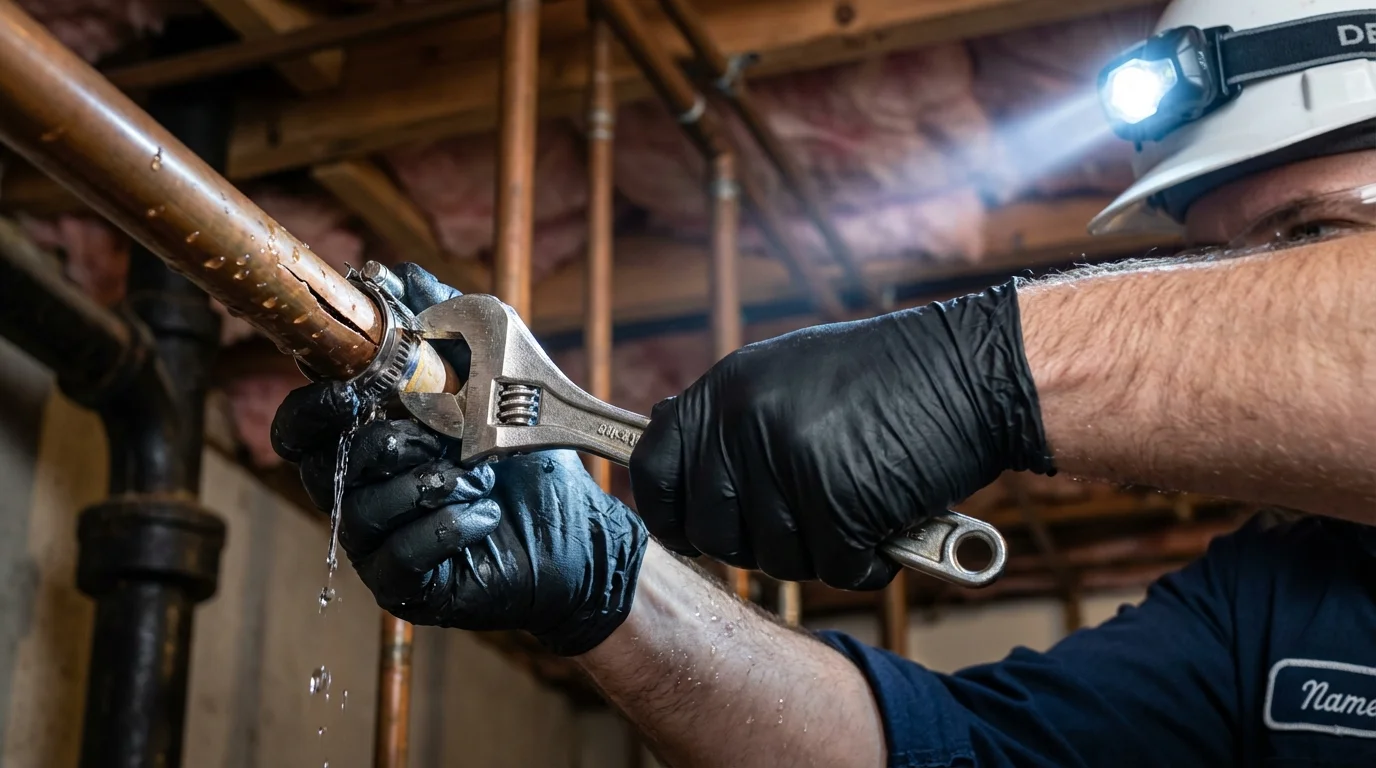 Emergency pipe clamp repair being performed by a Johns Plumbing LLC plumber in Eagle