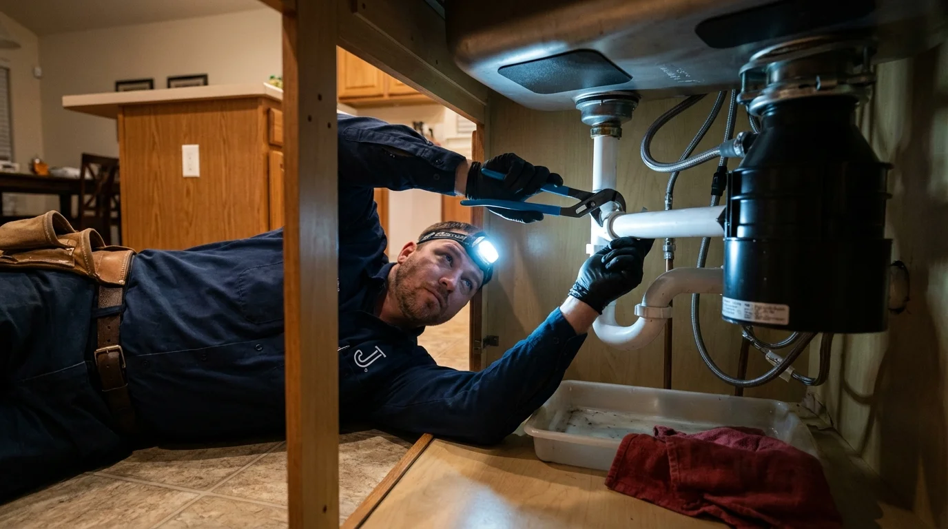 P-trap and supply line connections under a kitchen sink showing a common leak point in Eagle, CO